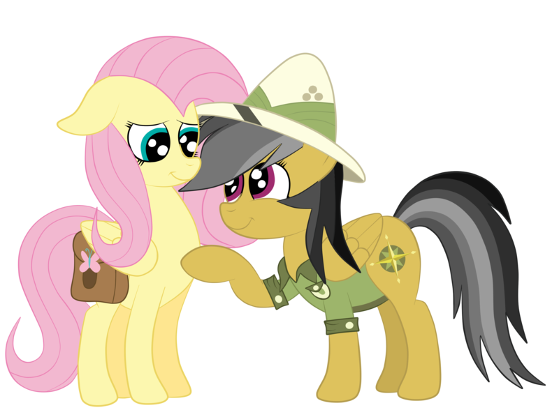 Size: 2592x1936 | Tagged: safe, artist:squipycheetah, derpibooru import, a.k. yearling, daring do, fluttershy, pony, clothes, cute, daringshy, female, floppy ears, friendshipping, happy, lesbian, looking down, looking up, mare, raised hoof, reassurance, saddle bag, shipping, shyabetes, simple background, smiling, transparent background, vector