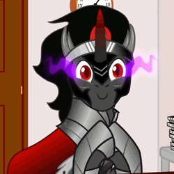 Size: 640x640 | Tagged: safe, artist:sillyfillystudios, derpibooru import, king sombra, pony, unicorn, animated, cropped, hooves together, smiling, solo, sombra eyes, the adventures of donut steel, youtube link