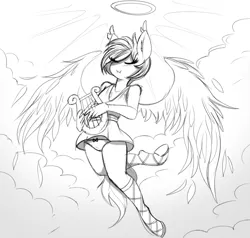 Size: 690x658 | Tagged: suggestive, artist:replica, derpibooru import, oc, oc:nolegs, unofficial characters only, anthro, bat pony, angel, clothes, dress, female, grayscale, halo, harp, lineart, monochrome, musical instrument, panties, sketch, solo, solo female, underwear