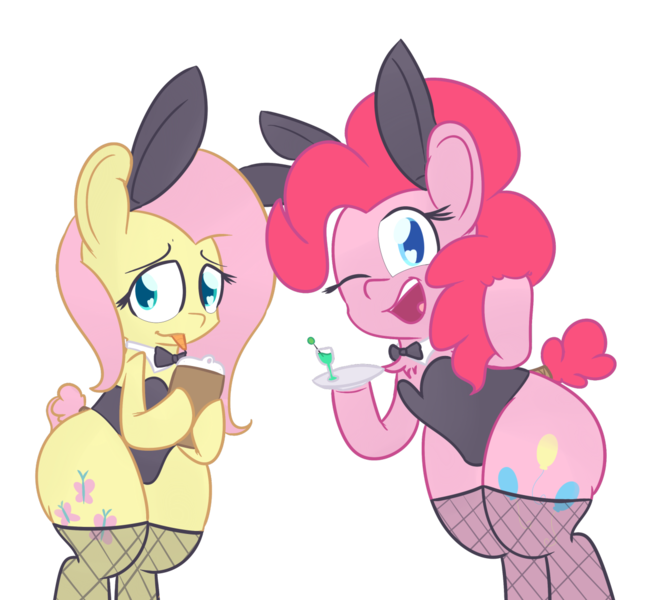 Size: 1280x1190 | Tagged: suggestive, artist:mr-degration, derpibooru import, fluttershy, pinkie pie, pony, bipedal, bunny ears, bunny suit, clothes, fishnets, leotard, one eye closed, open mouth, playboy, playboy bunny, simple background, tongue out, transparent background, wink