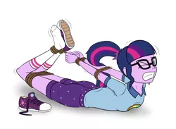 Size: 2232x1635 | Tagged: suggestive, artist:ashley_urikoshima, derpibooru import, sci-twi, twilight sparkle, equestria girls, bondage, clothes, converse, fetish, glasses, hogtied, ponytail, shoes, sneakers, sneakers fetish, socks, solo, struggling, tied up