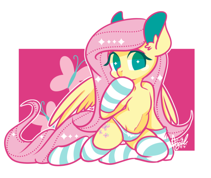 Size: 1280x1082 | Tagged: adorasexy, artist:snow angel, belly button, blue underwear, clothes, cute, derpibooru import, female, fluttershy, panties, ribbon, sexy, shyabetes, socks, solo, solo female, striped socks, suggestive, underwear