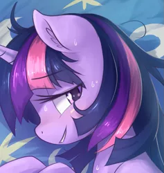 Size: 627x661 | Tagged: suggestive, artist:aymint, derpibooru import, twilight sparkle, pony, unicorn, afterglow, aftersex, bedroom eyes, blanket, blushing, dishevelled, female, looking at you, mare, smiling, solo, sweat, wingding eyes