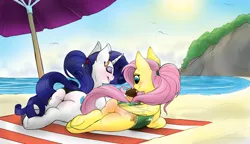 Size: 1280x737 | Tagged: suggestive, artist:evehly, artist:mrponeswildride, color edit, derpibooru import, edit, fluttershy, rarity, pegasus, pony, :p, alternate hairstyle, beach, bikini, blushing, butt blush, clothes, colored, cutie mark, ear piercing, earring, eyes closed, female, flutterbutt, food, grin, ice cream, jewelry, licking, mare, ocean, one-piece swimsuit, piercing, plot, ponytail, prone, raised tail, rearity, relaxing, scenery, smiling, swimsuit, tail, tanning, thong swimsuit, tongue out, towel, underhoof