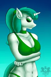 Size: 639x960 | Tagged: suggestive, artist:quakehoof, derpibooru import, oc, oc:emerald luster, unofficial characters only, anthro, unicorn, abs, anthro oc, belly button, big breasts, bra, breasts, choker, cleavage, clothes, feedback requested, female, panties, ponytail, solo, solo female, underwear