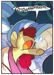 Size: 302x420 | Tagged: apple bloom, artist:benbates, bed, blanket, derpibooru import, idw, messy, nose in the air, open mouth, pillow, safe, sleeping, snoring, snot bubble, solo, spoiler:comic, spoiler:comicm07