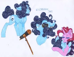 Size: 535x410 | Tagged: safe, artist:frozensoulpony, derpibooru import, oc, oc:blueberry pie, unofficial characters only, hug, microphone, offspring, parent:party favor, parent:pinkie pie, parents:partypie, traditional art