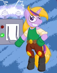 Size: 1077x1367 | Tagged: agatha heterodyne, artist:zanezandell, boots, clothes, cosplay, costume, crossover, derpibooru import, eletric, girl genius, glasses, gloves, hoof boots, machine, nightmare night, safe, science, twilight sparkle