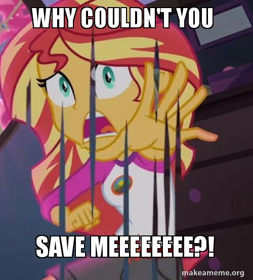 Size: 500x553 | Tagged: safe, derpibooru import, edit, edited screencap, screencap, sunset shimmer, equestria girls, legend of everfree, batman the animated series, bronybait, caption, cropped, dissolving, erasing, image macro, meme, reaching out, sad, two-face