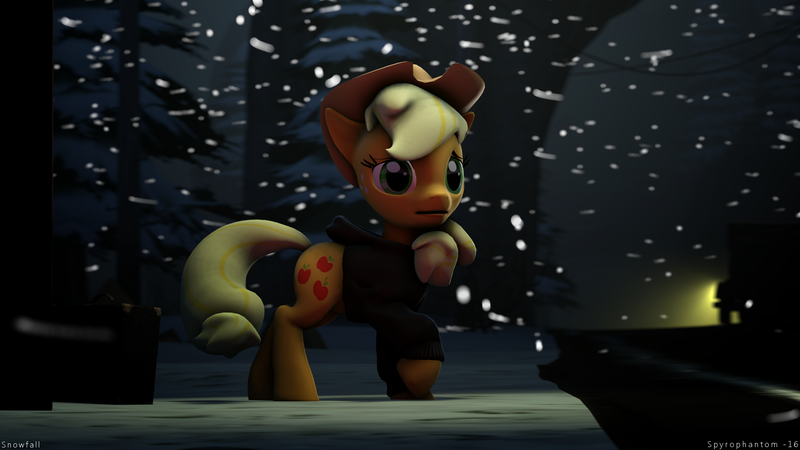 Size: 1920x1080 | Tagged: 3d, applejack, artist:spyrophantom, clothes, derpibooru import, hoodie, road, safe, snow, snowfall, solo, source filmmaker, tree, truck, worried