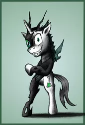 Size: 900x1314 | Tagged: safe, artist:kh0nan, derpibooru import, oc, oc:tounicoon, unofficial characters only, changeling, hybrid, pony, abstract background, bipedal, changeling oc, looking at you, male, smiling, solo, standing up