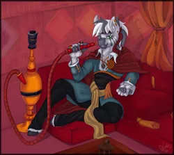 Size: 1280x1141 | Tagged: anthro, artist:skuttz, cloak, clothes, couch, derpibooru import, doctor strange, dr.strange, ear piercing, handsome, headband, hookah, jewelry, looking at you, male, marvel, necklace, oc, oc:zaheed, piercing, pillow, relaxed, relaxing, ring, safe, sitting, smiling, solo, stallion, unofficial characters only, zebra