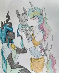 Size: 1374x1710 | Tagged: anthro, artist:spark-theory, baby, chryslestia, clothes, derpibooru import, female, hybrid, interspecies offspring, kissing, kiss on the cheek, lesbian, magical lesbian spawn, momlestia, oc, oc:karner blue, offspring, parent:princess celestia, parent:queen chrysalis, parents:chryslestia, princess celestia, queen chrysalis, safe, shipping, simple background, traditional art