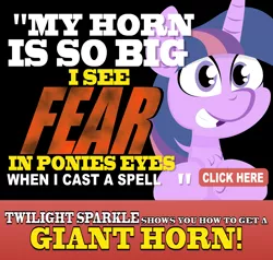 Size: 2418x2303 | Tagged: dead source, suggestive, artist:jittery-the-dragon, derpibooru import, twilight sparkle, twilight sparkle (alicorn), alicorn, pony, advertisement, chest fluff, clickbait, giant horn, grin, horn, horn enlargement, parody, ron jon jeremy, smiling, solo, spam