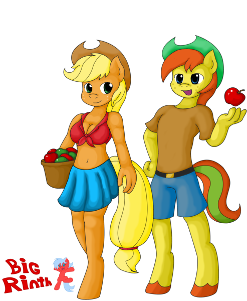 Size: 2700x3284 | Tagged: anthro, applejack, artist:bigrinth, belly button, breasts, cleavage, derpibooru import, female, front knot midriff, midriff, oc, oc:applejuice, safe, unguligrade anthro