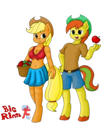 Size: 2700x3284 | Tagged: anthro, applejack, artist:bigrinth, belly button, breasts, cleavage, derpibooru import, female, front knot midriff, midriff, oc, oc:applejuice, safe, unguligrade anthro