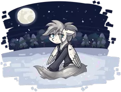 Size: 1439x1095 | Tagged: safe, artist:kyaokay, derpibooru import, oc, unofficial characters only, pegasus, pony, alone, clothes, floppy ears, hoodie, moon, night, sad, simple background, sitting, snow, snowfall, transparent background, wings