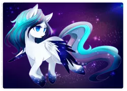 Size: 1024x739 | Tagged: safe, artist:chokico, derpibooru import, oc, oc:stardream, unofficial characters only, pegasus, pony, colored pupils, colored wings, colored wingtips, cute, female, flying, lidded eyes, looking back, mare, open mouth, sky, solo, sparkles, spread wings, stars, wings