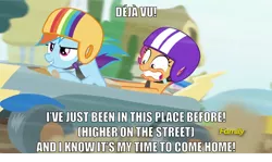 Size: 2000x1188 | Tagged: caption, deja vu, derpibooru import, edit, edited screencap, image macro, initial d, meme, rainbow dash, safe, scootaloo, screencap, song reference, the cart before the ponies