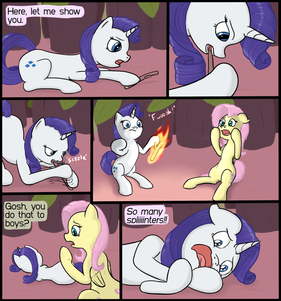 Size: 1280x1372 | Tagged: artist:fimflamfilosophy, comic, derpibooru import, dialogue, duo, fire, fluttershy, fluttershyfriday, implied hoofjob, pain, rarity, splinters, suggestive, wood