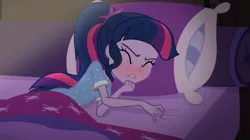 Size: 849x476 | Tagged: suggestive, artist:moliminous, derpibooru import, edit, edited screencap, screencap, sci-twi, twilight sparkle, equestria girls, legend of everfree, bed, blushing, blushing profusely, dream, out of context, ponytail, sleeping, wet dream