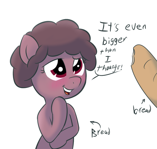 Size: 1300x1239 | Tagged: suggestive, artist:wenni, derpibooru import, oc, oc:bread, unofficial characters only, pony, bipedal, blushing, bread, dialogue, eyes on the prize, food, misleading thumbnail, pun, surprised