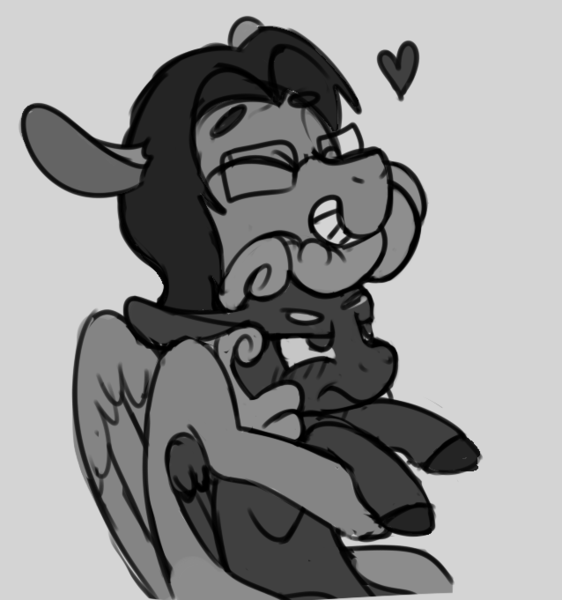 Size: 638x681 | Tagged: safe, artist:enma-darei, derpibooru import, oc, oc:cold snap, oc:mortimer hooves, unofficial characters only, pegasus, pony, annoyed, blushing, demolition bird squad, duo, female, hug, hug from behind, male, mare, monochrome, smiling, stallion