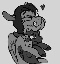 Size: 638x681 | Tagged: safe, artist:enma-darei, derpibooru import, oc, oc:cold snap, oc:mortimer hooves, unofficial characters only, pegasus, pony, annoyed, blushing, demolition bird squad, duo, female, hug, hug from behind, male, mare, monochrome, smiling, stallion