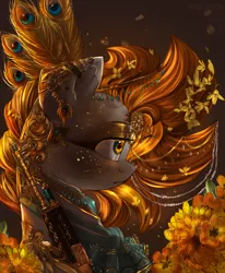 Size: 1024x1242 | Tagged: safe, artist:segraece, derpibooru import, oc, oc:golden rain, unofficial characters only, peacock, pony, ak-47, akm, assault rifle, bust, clothes, detailed, feather, flower, flower in hair, glitter, gold, gun, gun engraving, jewelry, looking away, peacock feathers, portrait, profile, rifle, scratching, solo, weapon