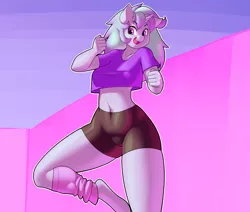 Size: 2893x2449 | Tagged: suggestive, artist:mrw32, derpibooru import, oc, unofficial characters only, anthro, unicorn, anthro oc, belly button, clothes, compression shorts, female, leg warmers, midriff, raised leg, shirt, shorts, skintight clothes, solo, solo female