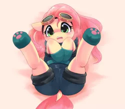 Size: 1800x1572 | Tagged: adorasexy, alternate eye color, artist:apricolor, blushing, clothes, costume, cute, dangerous mission outfit, derpibooru import, dock, edit, female, fluttershy, goggles, hoodie, legs in air, looking at you, paw print hooves, pixiv, presenting, sexy, sfw edit, shyabetes, solo, solo female, suggestive