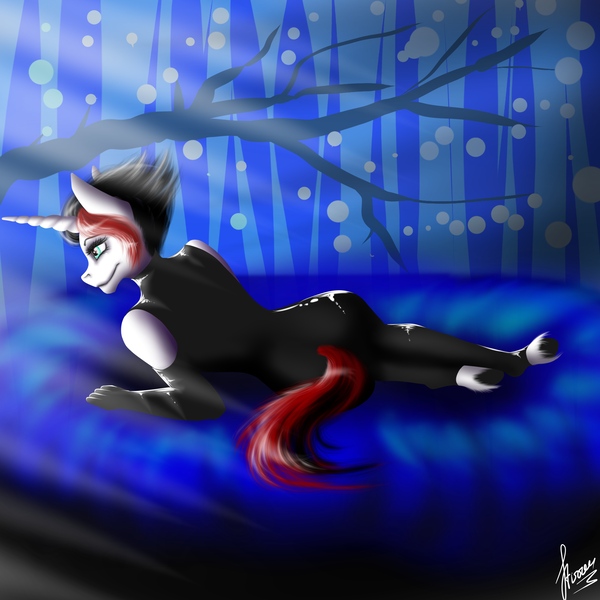 Size: 1920x1920 | Tagged: safe, artist:stirren, derpibooru import, oc, oc:stacy, unofficial characters only, anthro, unguligrade anthro, unicorn, finished, hooves, horn, latex, looking away, lying down, pose, sexy, solo, ych result