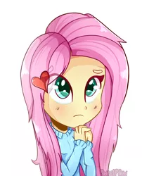 Size: 1024x1265 | Tagged: safe, artist:vixelzf, derpibooru import, fluttershy, equestria girls, barrette, blue sweater, clasped hands, clothes, colored skin, cute, cyan eyes, digital art, hair accessory, heart, pink hair, shyabetes, simple background, solo, sweater, sweatershy, white background