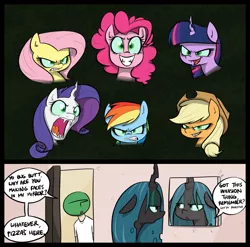 Size: 1029x1017 | Tagged: safe, artist:shoutingisfun, derpibooru import, applejack, fluttershy, pinkie pie, queen chrysalis, rainbow dash, rarity, twilight sparkle, oc, oc:anon, changeling, pony, unicorn, bugbutt, character to character, dialogue, disguise, disguised changeling, fangs, female, mane six, mare, mirror, open mouth, smiling, transformation