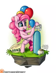 Size: 1024x1325 | Tagged: safe, artist:northernsprint, derpibooru import, pinkie pie, earth pony, pony, balloon, bipedal, dirt cube, female, helium, helium tank, mare, solo, tongue out