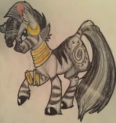 Size: 2448x2599 | Tagged: artist:snowfoxythefox, chest fluff, colored, colored pencil drawing, colored sketch, derpibooru import, hooves, jewelry, pencil, pencil drawing, raised leg, safe, smirk, solo, standing, traditional art, zebra, zecora