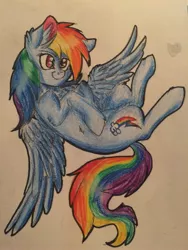 Size: 2448x3264 | Tagged: safe, artist:snowfoxythefox, derpibooru import, rainbow dash, 30 minute art challenge, chest fluff, colored, colored pencil drawing, colored sketch, cute, dashabetes, ear fluff, flying, on back, pencil, pencil drawing, simple background, smiling, solo, traditional art, white background