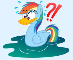 Size: 6295x5230 | Tagged: absurd resolution, artist:steam-loco, derpibooru import, duck, duck bill, duck pony, exclamation point, interrobang, op, pegaduck, question mark, rainbow dash, rainbow duck, safe, solo, species swap