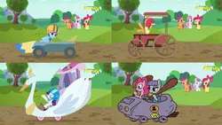 Size: 846x476 | Tagged: apple bloom, applejack, artist:uotapo, boulder mobile, cutie mark crusaders, derpibooru import, edit, edited screencap, gravel slag, maud pie, meme, pinkie pie, rainbow dash, rarity, rock slag, safe, scootaloo, screencap, screencap comic, sweetie belle, the cart before the ponies, the slag brothers, wacky races