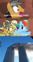 Size: 576x1068 | Tagged: 9/11, 9/11 joke, daring do, dark comedy, derpibooru import, quibble pants, rainbow dash, semi-grimdark, stranger than fan fiction, tower, twin towers, world trade center