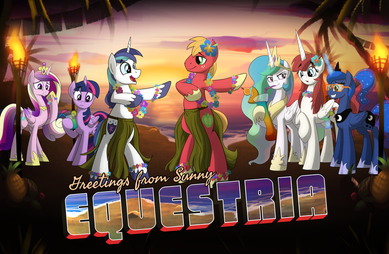 Size: 5175x3375 | Tagged: safe, artist:drawponies, derpibooru import, big macintosh, princess cadance, princess celestia, princess flurry heart, princess luna, shining armor, twilight sparkle, twilight sparkle (alicorn), oc, oc:fausticorn, alicorn, pony, alicorn oc, alicorn pentarchy, beach, bipedal, clothes, dancing, flower, flower in hair, food, grass skirt, hula, hula dance, lei, pineapple, skirt, umbrella drink