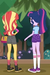 Size: 340x503 | Tagged: safe, derpibooru import, screencap, sci-twi, sunset shimmer, twilight sparkle, equestria girls, legend of everfree, ass, clothes, converse, cropped, legs, ponytail, rear view, shoes, sneakers