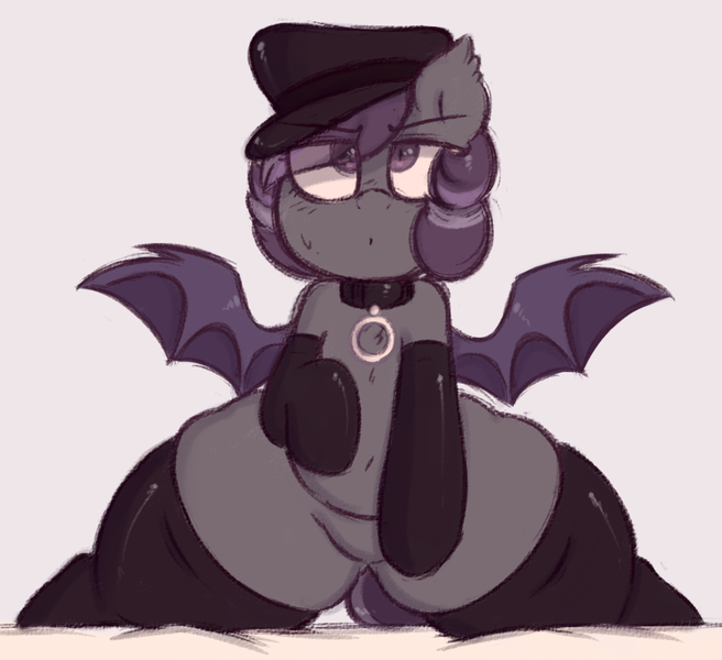 Size: 817x747 | Tagged: suggestive, artist:toroitimu, derpibooru import, oc, oc:iris, unofficial characters only, bat pony, pony, belly button, chubby, clothes, dominatrix, featureless crotch, female, hat, solo, solo female, stockings, thunder thighs, wide hips