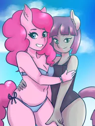 Size: 1536x2048 | Tagged: suggestive, artist:rainbowsprinklesart, derpibooru import, maud pie, pinkie pie, anthro, earth pony, belly, belly button, bikini, breasts, clothes, female, mare, one-piece swimsuit, plump, siblings, sisters, swimsuit