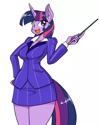Size: 1020x1280 | Tagged: anthro, artist:reiduran, breasts, cleavage, clothes, dead source, derpibooru import, female, hand on hip, open mouth, safe, skirt, skirt suit, smiling, solo, suit, twilight sparkle