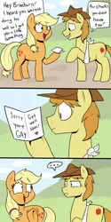 Size: 1000x2000 | Tagged: ..., accusation, applejack, artist:strangerdanger, braeburn, card, comic, derpibooru import, dialogue, duo, faic, female, freckles, gayburn, hat, homophobia, hoof hold, looking at each other, male, open mouth, raised hoof, safe, sling, smiling, speech bubble, text, underhoof