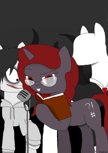 Size: 2893x4092 | Tagged: artist:twistermon, derpibooru import, jeff the killer, meme, oc, oc:curse word, reading, safe, unofficial characters only