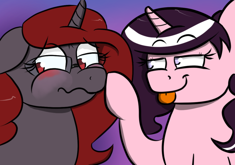 Size: 1089x768 | Tagged: safe, artist:tranzmuteproductions, derpibooru import, oc, oc:curse word, oc:magpie, unofficial characters only, pony, unicorn, :p, blushing, boop, bust, duo, eyelashes, female, glasses, horn, image, lesbian, mare, png, raised hoof, tongue out, unicorn oc