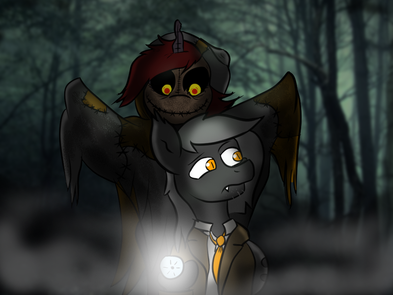 Size: 1024x768 | Tagged: semi-grimdark, artist:tranzmuteproductions, derpibooru import, oc, oc:curse word, unofficial characters only, alicorn, bat pony, pony, alicorn oc, bat pony oc, bat wings, black sclera, clothes, duo, female, fog, forest, horn, image, male, mare, necktie, png, smiling, stallion, suit, tree, wings, worried