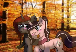 Size: 1100x758 | Tagged: safe, artist:tranzmuteproductions, derpibooru import, oc, oc:curse word, oc:magpie, unofficial characters only, pony, unicorn, :p, autumn, blushing, clothes, female, horn, image, lesbian, mare, one eye closed, outdoors, png, scarf, tongue out, tree, unicorn oc, wink